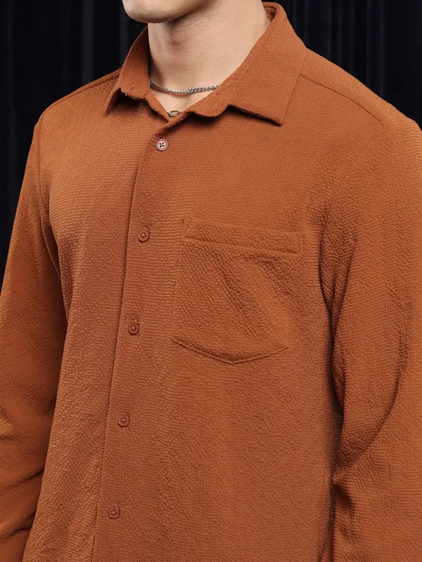Ketch Men Rust Textured Slim Fit Casual Shirt