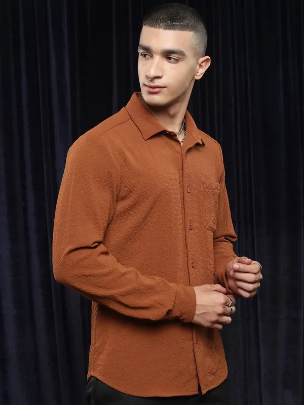Ketch Men Rust Textured Slim Fit Casual Shirt