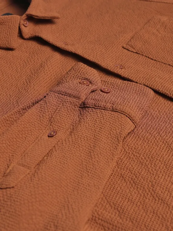 Ketch Men Rust Textured Slim Fit Casual Shirt