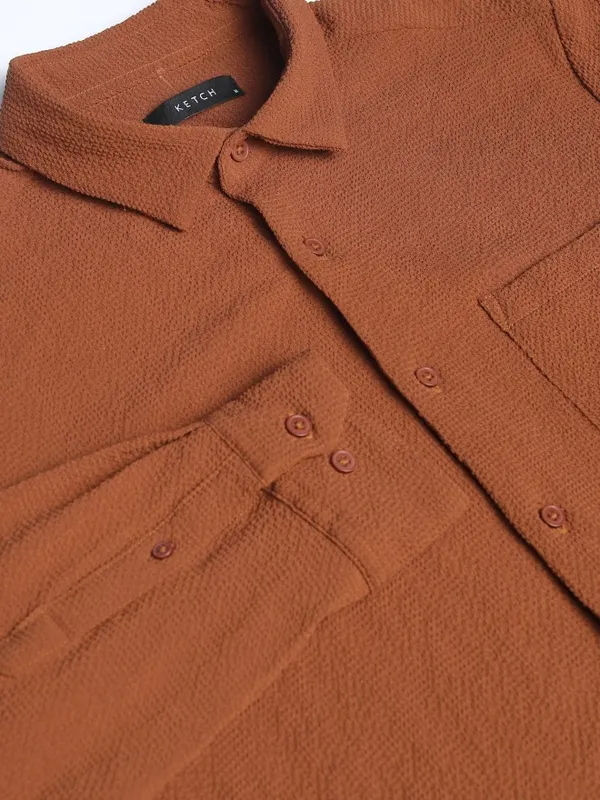 Ketch Men Rust Textured Slim Fit Casual Shirt