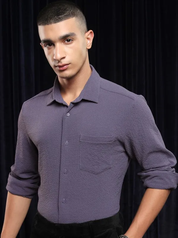 Ketch Men Lavender Solid Slim Fit Casual Shirt