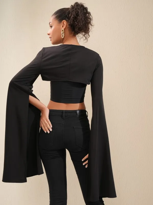 Tokyo Talkies Women Black Solid Super Crop Long Sleeve Top