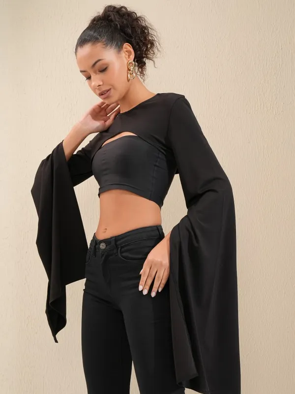Tokyo Talkies Women Black Solid Super Crop Long Sleeve Top