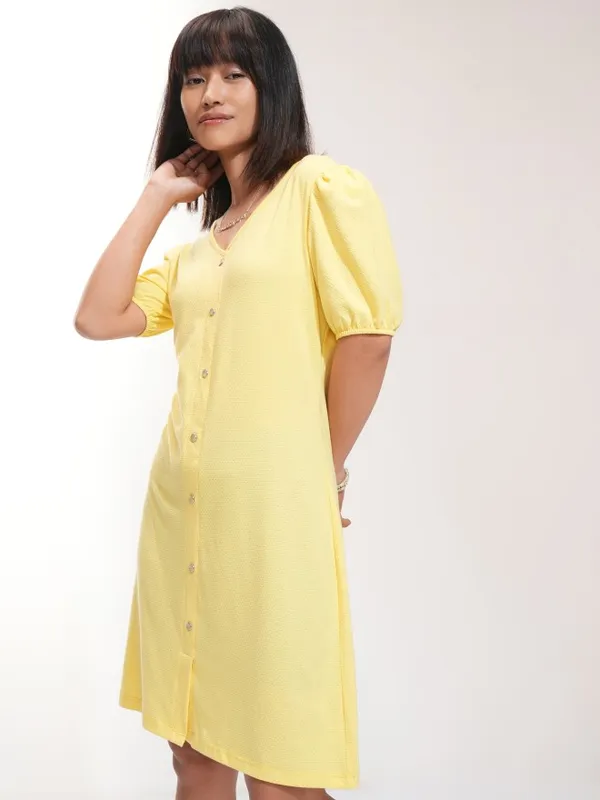 Tokyo Talkies Women Yellow Self Design A-Line Dress