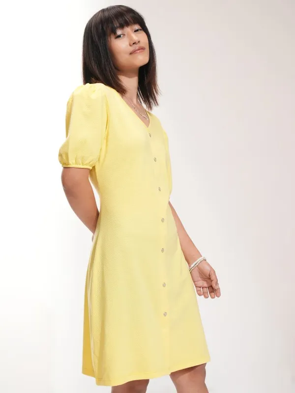 Tokyo Talkies Women Yellow Self Design A-Line Dress