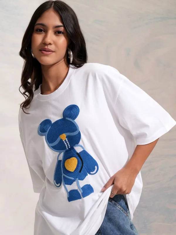 Tokyo Talkies Women White Applique Round Neck Oversized Fit T-Shirt