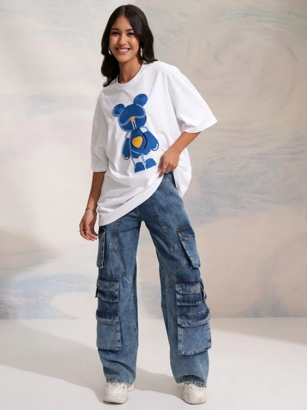 Tokyo Talkies Women White Applique Round Neck Oversized Fit T-Shirt