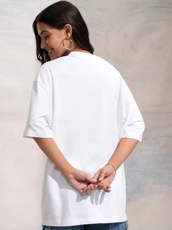 Tokyo Talkies Women White Applique Round Neck Oversized Fit T-Shirt