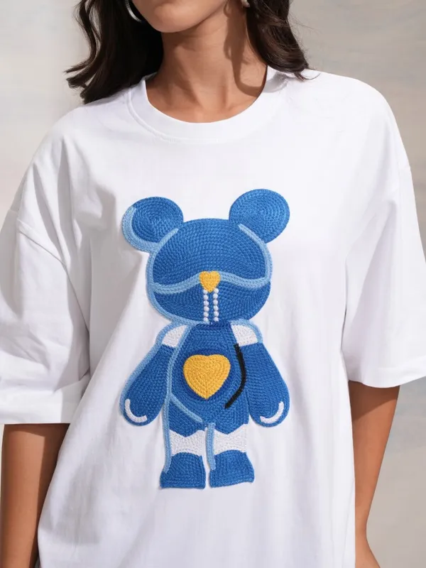 Tokyo Talkies Women White Applique Round Neck Oversized Fit T-Shirt
