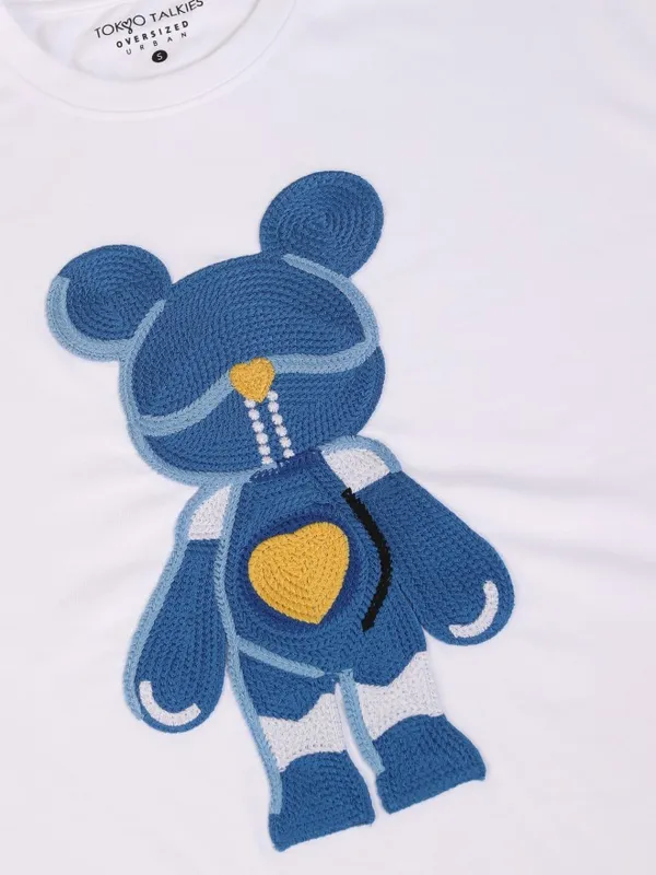 Tokyo Talkies Women White Applique Round Neck Oversized Fit T-Shirt