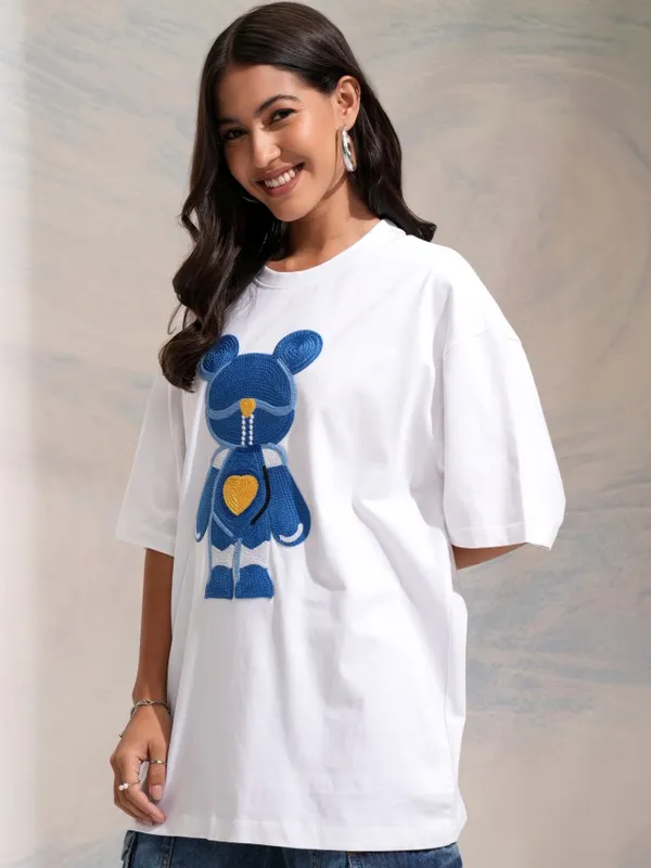 Tokyo Talkies Women White Self Design Round Neck Oversized Fit T-Shirt