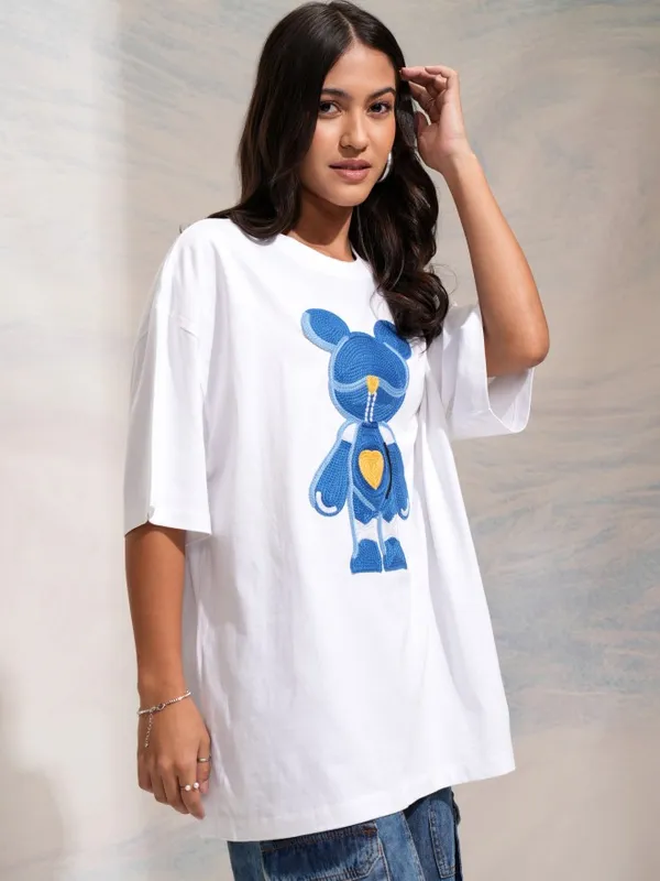 Tokyo Talkies Women White Self Design Round Neck Oversized Fit T-Shirt