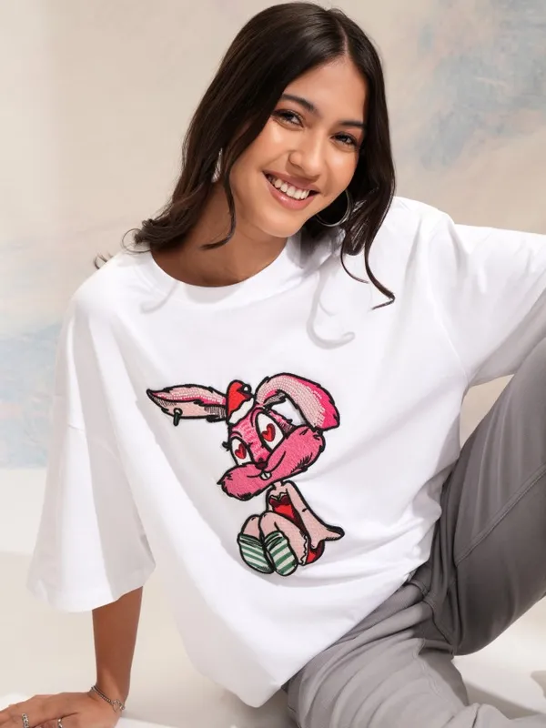 Tokyo Talkies Women White Self Design Round Neck Oversized Fit T-Shirt