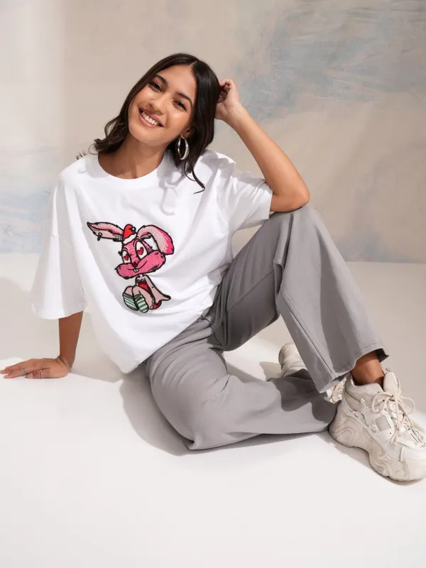 Tokyo Talkies Women White Self Design Round Neck Oversized Fit T-Shirt