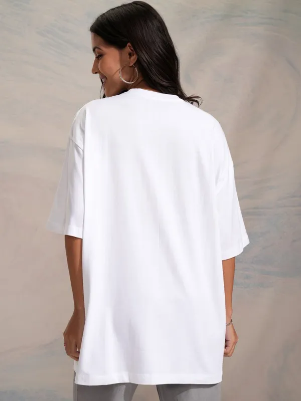 Tokyo Talkies Women White Self Design Round Neck Oversized Fit T-Shirt