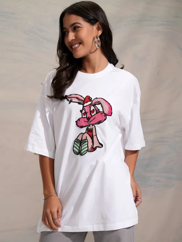 Tokyo Talkies Women White Self Design Round Neck Oversized Fit T-Shirt