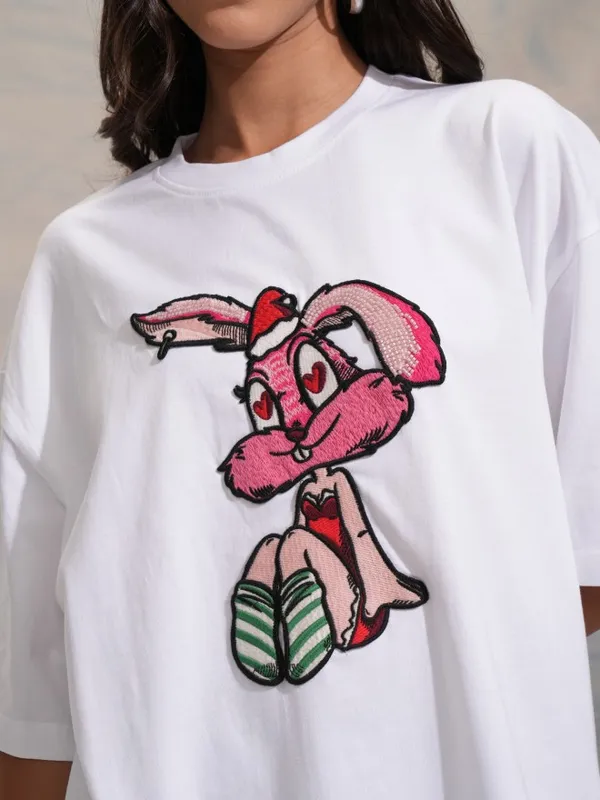 Tokyo Talkies Women White Self Design Round Neck Oversized Fit T-Shirt