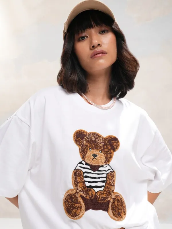 Tokyo Talkies Women White Self Design Round Neck Oversized Fit T-Shirt