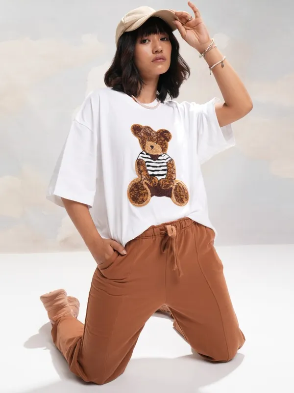 Tokyo Talkies Women White Self Design Round Neck Oversized Fit T-Shirt