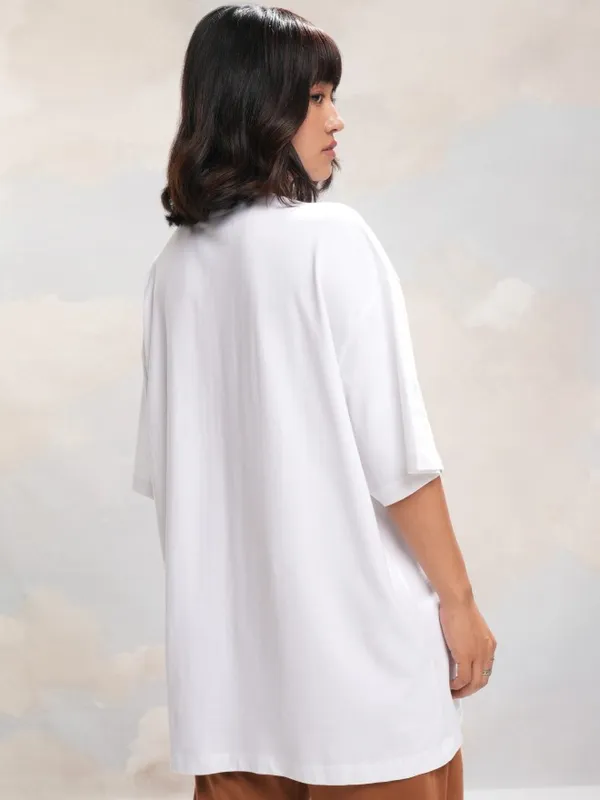 Tokyo Talkies Women White Self Design Round Neck Oversized Fit T-Shirt