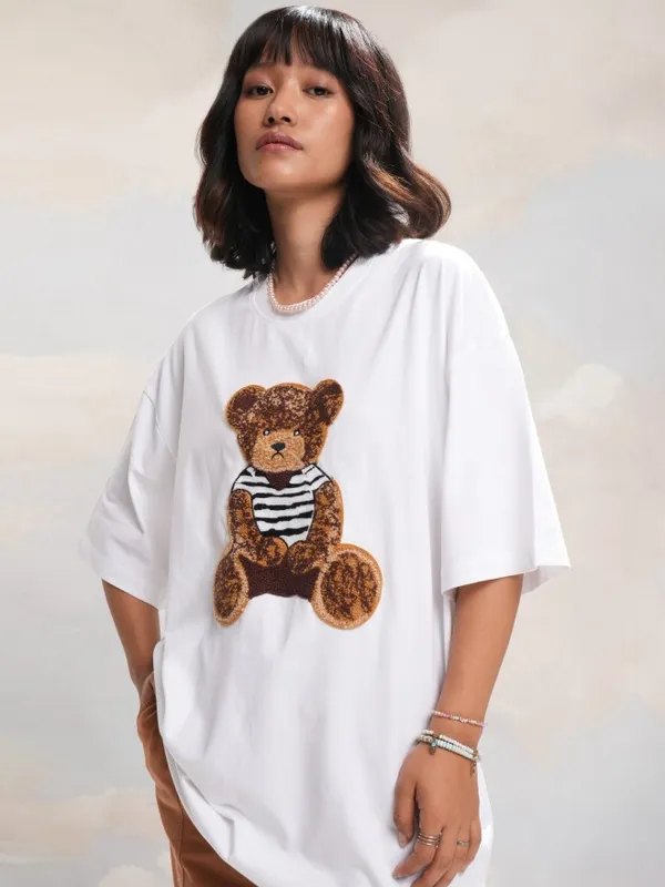 Tokyo Talkies Women White Self Design Round Neck Oversized Fit T-Shirt