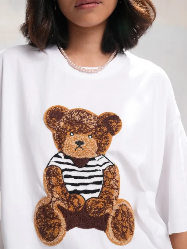 Tokyo Talkies Women White Self Design Round Neck Oversized Fit T-Shirt