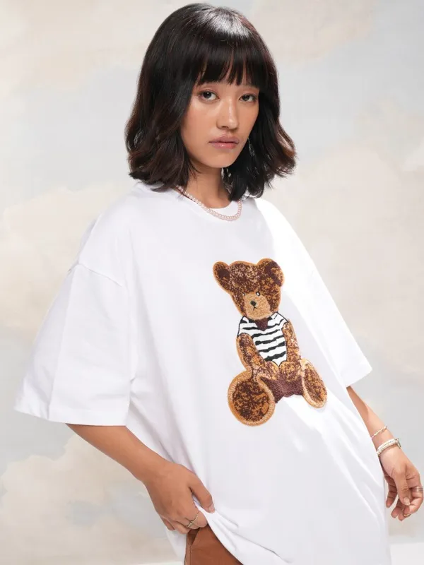 Tokyo Talkies Women White Self Design Round Neck Oversized Fit T-Shirt