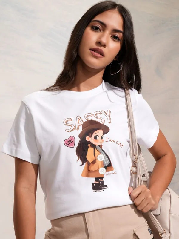 Tokyo Talkies Women White Printed Round Neck Regular Fit T-Shirt