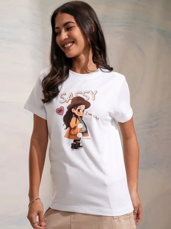 Tokyo Talkies Women White Printed Round Neck Regular Fit T-Shirt