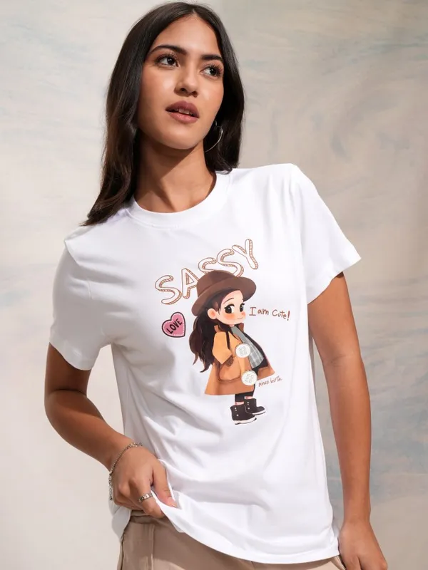 Tokyo Talkies Women White Printed Round Neck Regular Fit T-Shirt