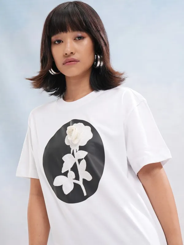 Tokyo Talkies Women White Printed Round Neck T-Shirt