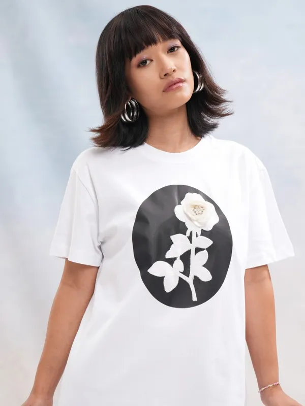 Tokyo Talkies Women White Printed Round Neck T-Shirt