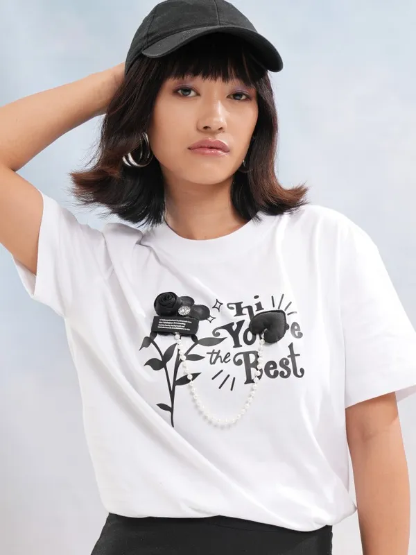 Tokyo Talkies Women White Printed Round Neck T-Shirt