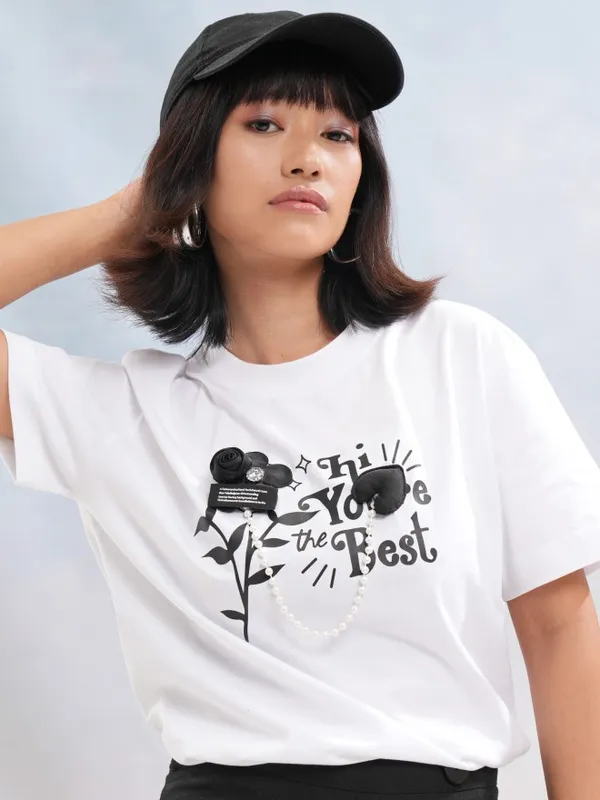 Tokyo Talkies Women White Printed Round Neck T-Shirt