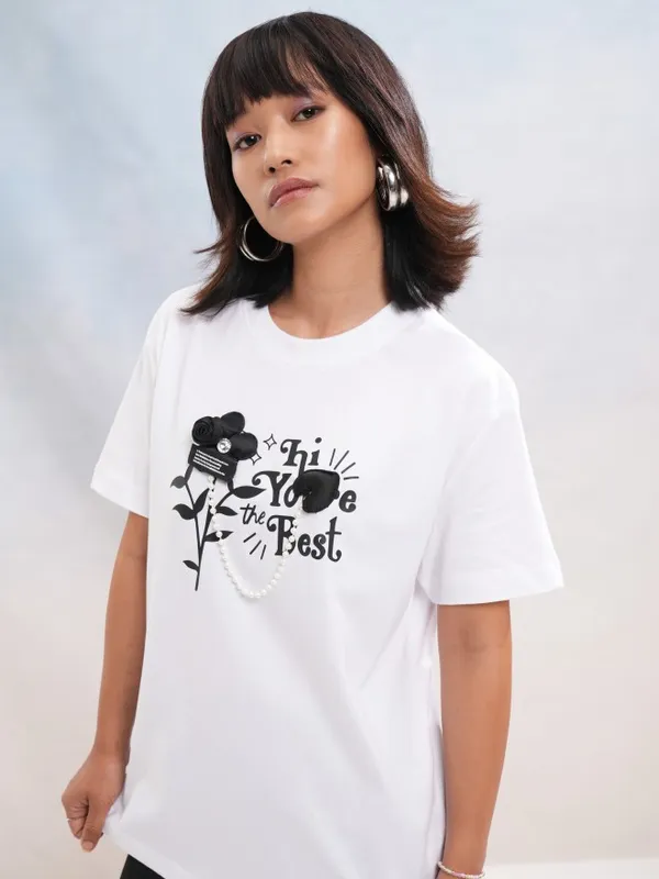 Tokyo Talkies Women White Printed Round Neck T-Shirt