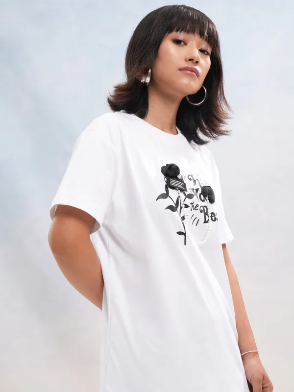 Tokyo Talkies Women White Printed Round Neck T-Shirt
