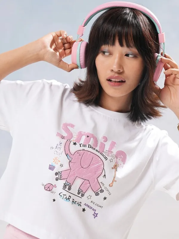 Tokyo Talkies Women White Printed Round Neck T-Shirt