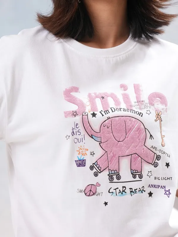 Tokyo Talkies Women White Printed Round Neck T-Shirt