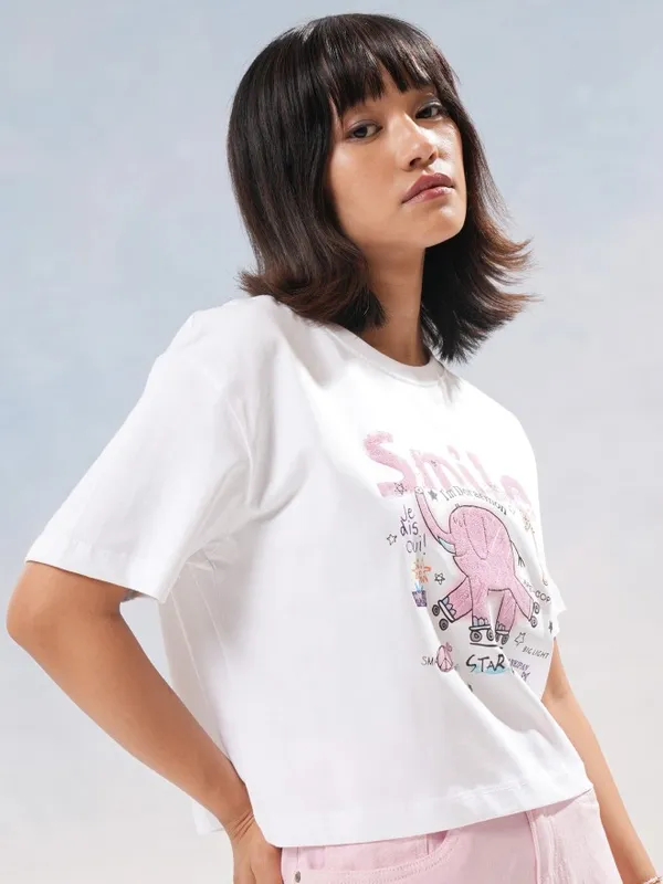 Tokyo Talkies Women White Printed Round Neck T-Shirt
