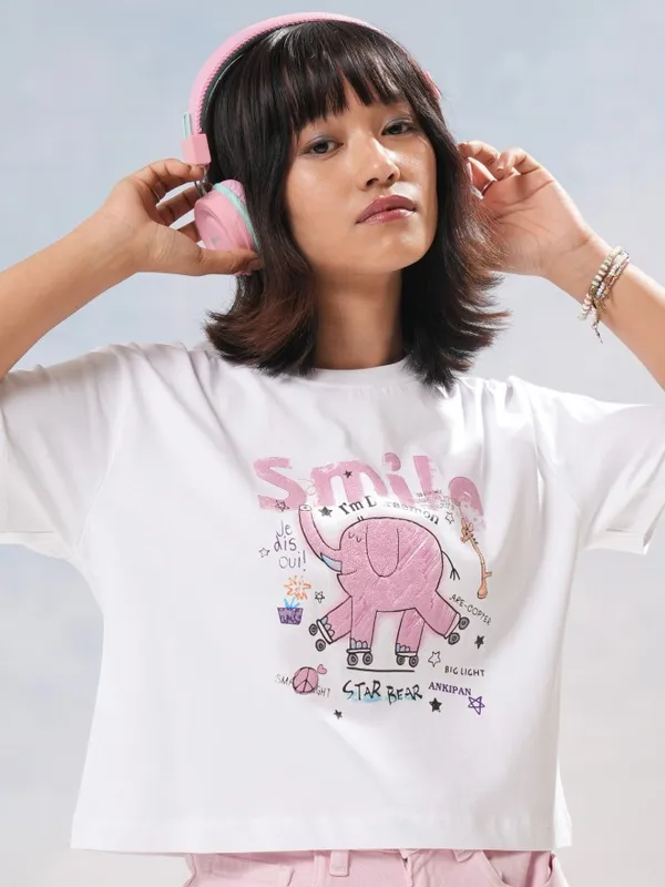 Tokyo Talkies Women White Printed Round Neck T-Shirt