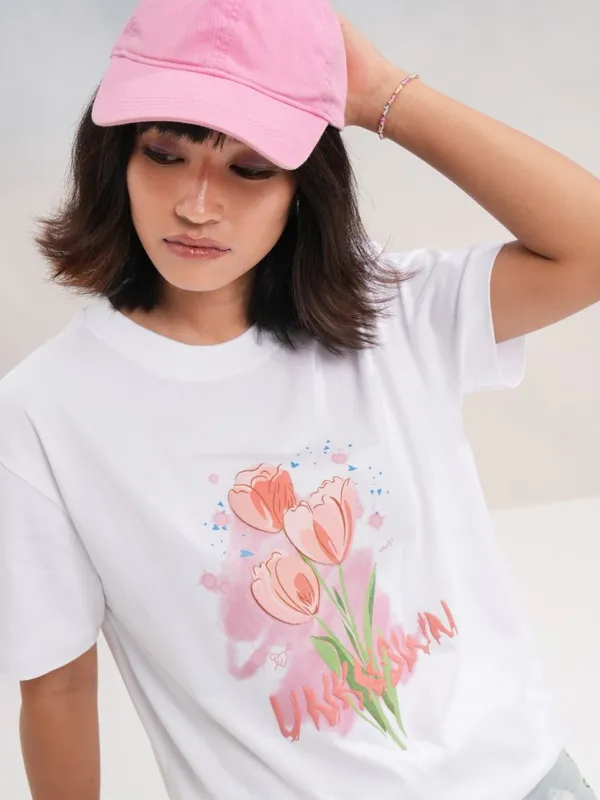 Tokyo Talkies Women White Printed Round Neck T-Shirt
