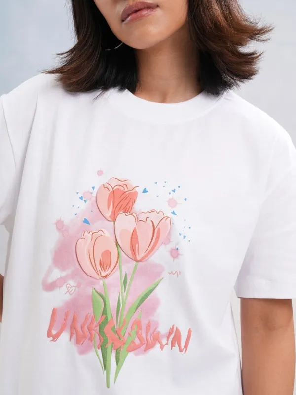 Tokyo Talkies Women White Printed Round Neck T-Shirt