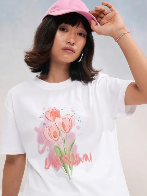 Tokyo Talkies Women White Printed Round Neck T-Shirt
