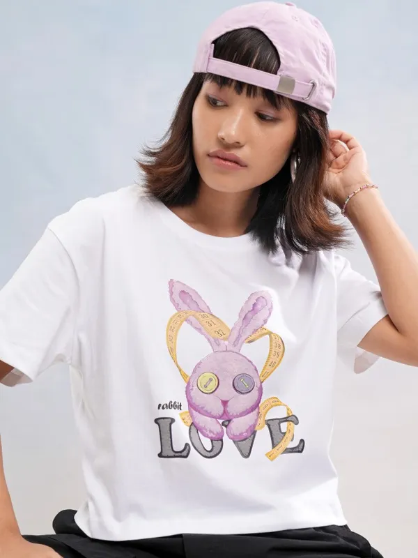 Tokyo Talkies Women White Printed Round Neck T-Shirt