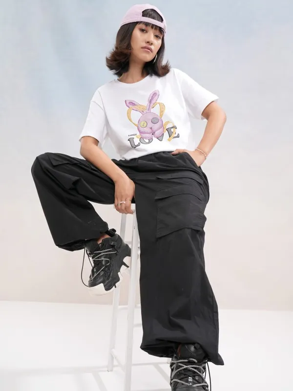 Tokyo Talkies Women White Printed Round Neck T-Shirt