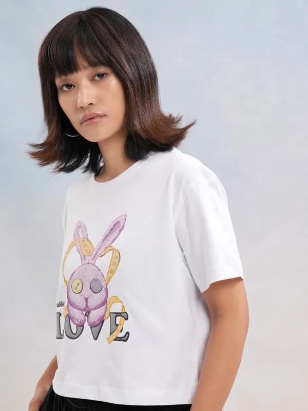 Tokyo Talkies Women White Printed Round Neck T-Shirt