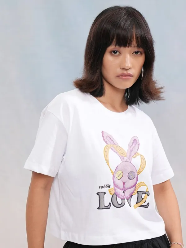 Tokyo Talkies Women White Printed Round Neck T-Shirt