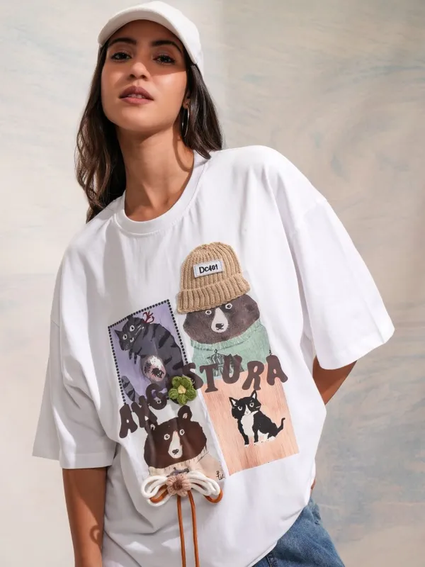 Tokyo Talkies Women White Printed Round Neck Oversized Fit T-Shirt