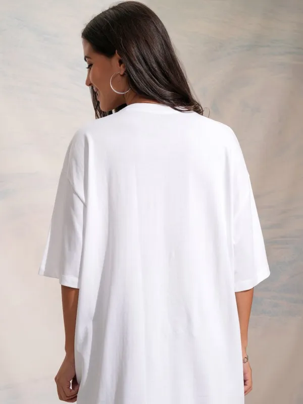 Tokyo Talkies Women White Printed Round Neck Oversized Fit T-Shirt