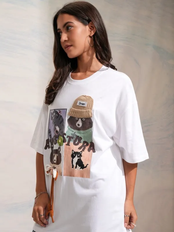 Tokyo Talkies Women White Printed Round Neck Oversized Fit T-Shirt